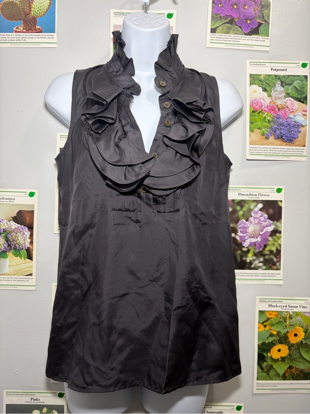 J. Crew Black Sleeveless Ruffle V-Neck Blouse